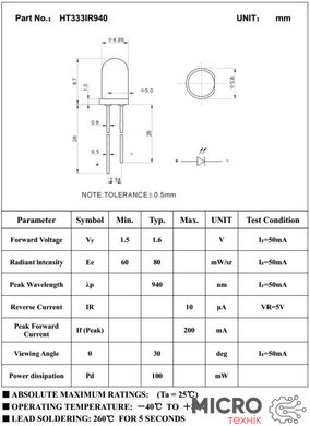 5mm Інфрачервоний прозорий HT333IR940 (940 nm) 3020448 фото