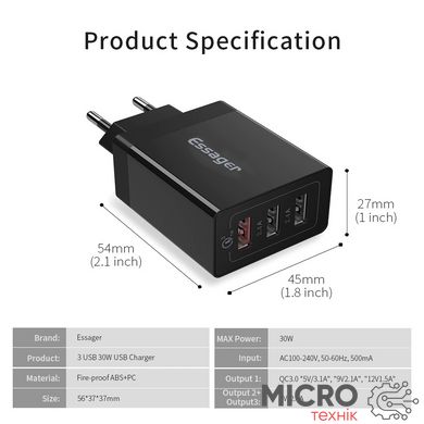 Зарядное USB QC3.0 Quick Charge 3xUSB 30W 5V/9V/12V черное 3040434 фото