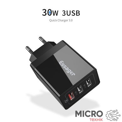 Зарядное USB QC3.0 Quick Charge 3xUSB 30W 5V/9V/12V черное 3040434 фото