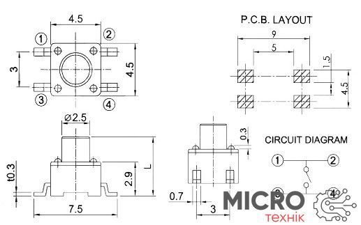 Кнопка тактова TACT 4.5x4.5-4.3mm SMD 3026217 фото