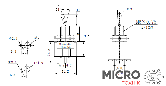 Тумблер MTS-203 ON-OFF-ON 6Pin 3000550 фото