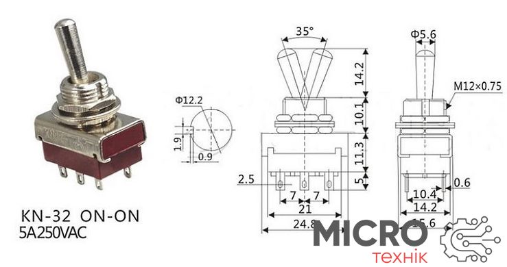 Тумблер KN32-202 6pin (ON-ON) 3042236 фото