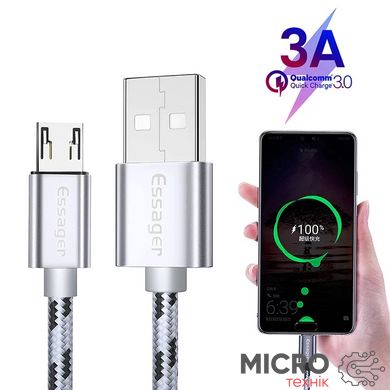 Кабель USB 2.0 AM/BM microUSB 1м 2.4А в обплетенні срібло. 3040456 фото