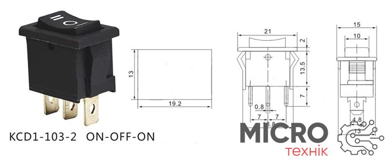 Перемикач клавішний KCD1-103-2 3pin без підсв. ON-OFF-ON 6a чорн. 3014717 фото