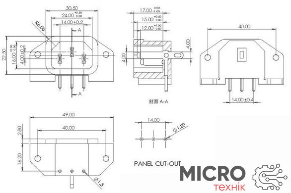 Штекер мережний IBM KET-3019 3pin (C14) монтажний на плату 3017214 фото