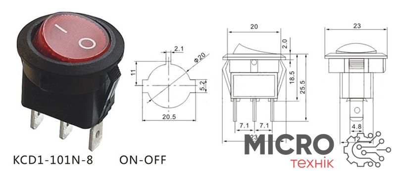 Перемикач клавішний KCD1-101n-8 з підсв. ON-OFF круглий 3pin червоний 3014719 фото